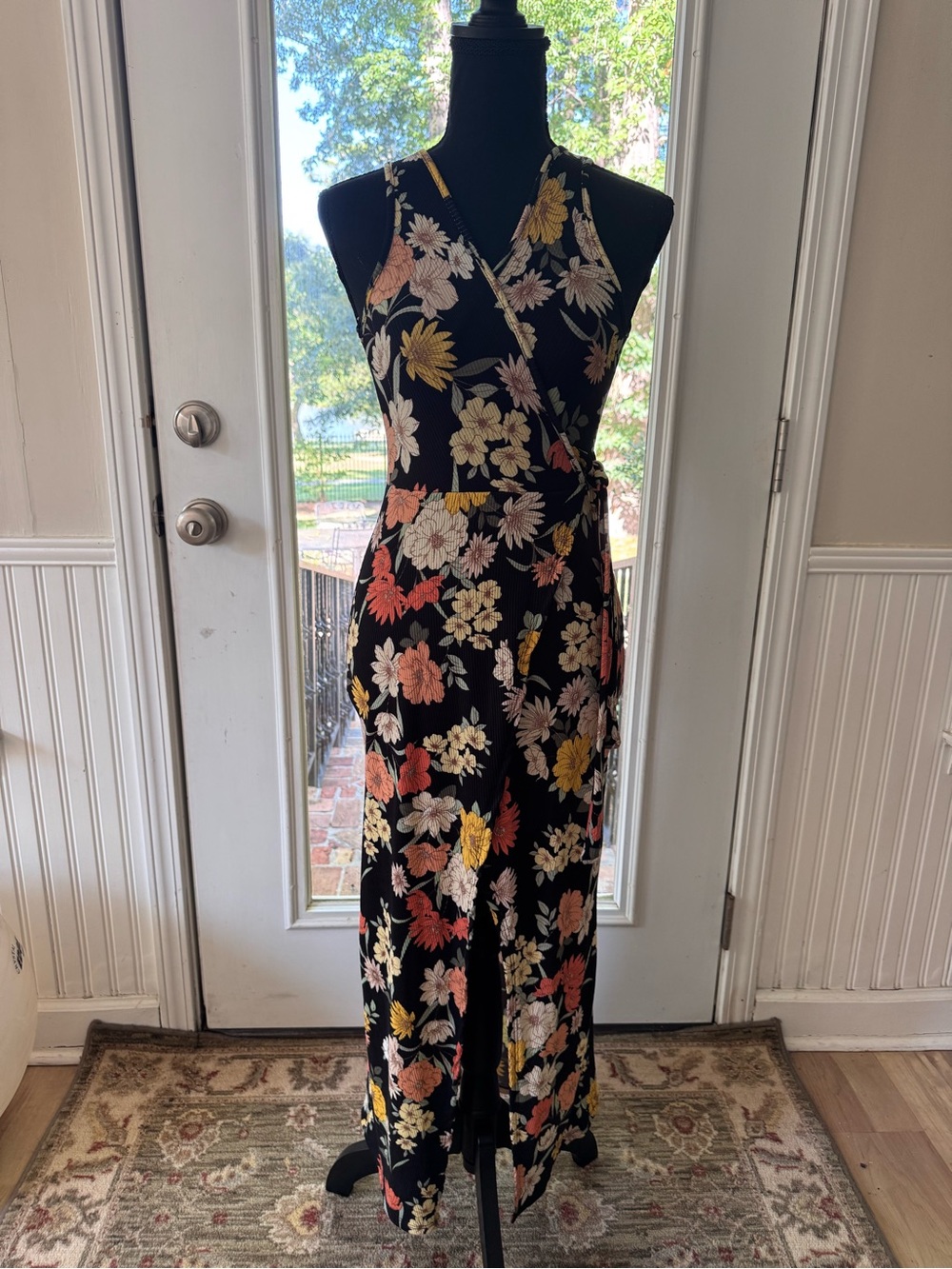 Black floral sleeveless rib knit dress size XS